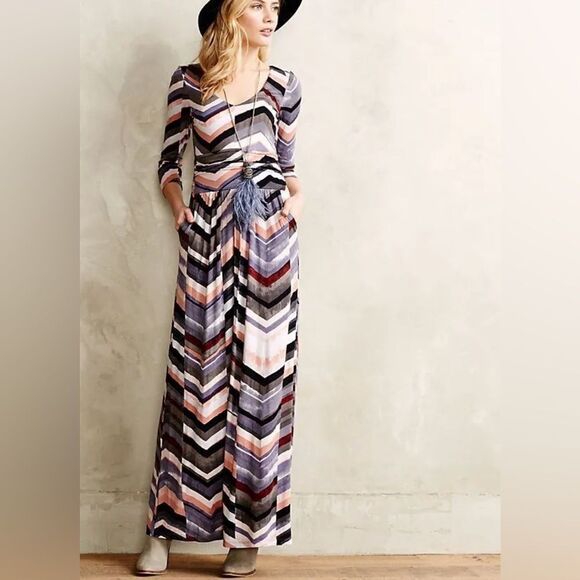 Anthropologie Maeve Novela Chevron 3/4 Sleeve Maxi Dress - Picture 1 of 11